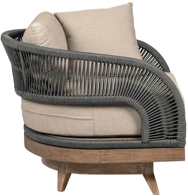 Orbit Swivel Outdoor Patio Chair in Weathered Eucalyptus Wood with Gray Rope and Taupe Olefin Cushions