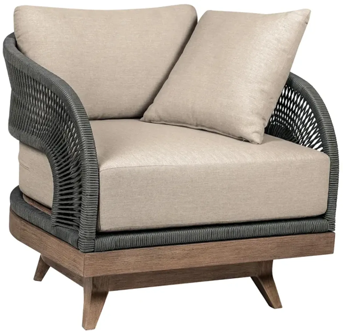 Orbit Swivel Outdoor Patio Chair in Weathered Eucalyptus Wood with Gray Rope and Taupe Olefin Cushions