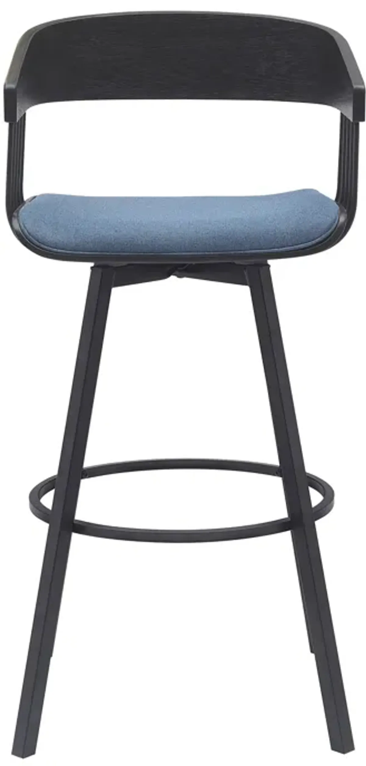 Athena 31" Swivel Black Wood Bar Stool in Blue Fabric with Black Metal