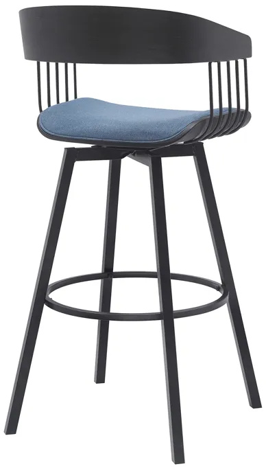 Athena 31" Swivel Black Wood Bar Stool in Blue Fabric with Black Metal