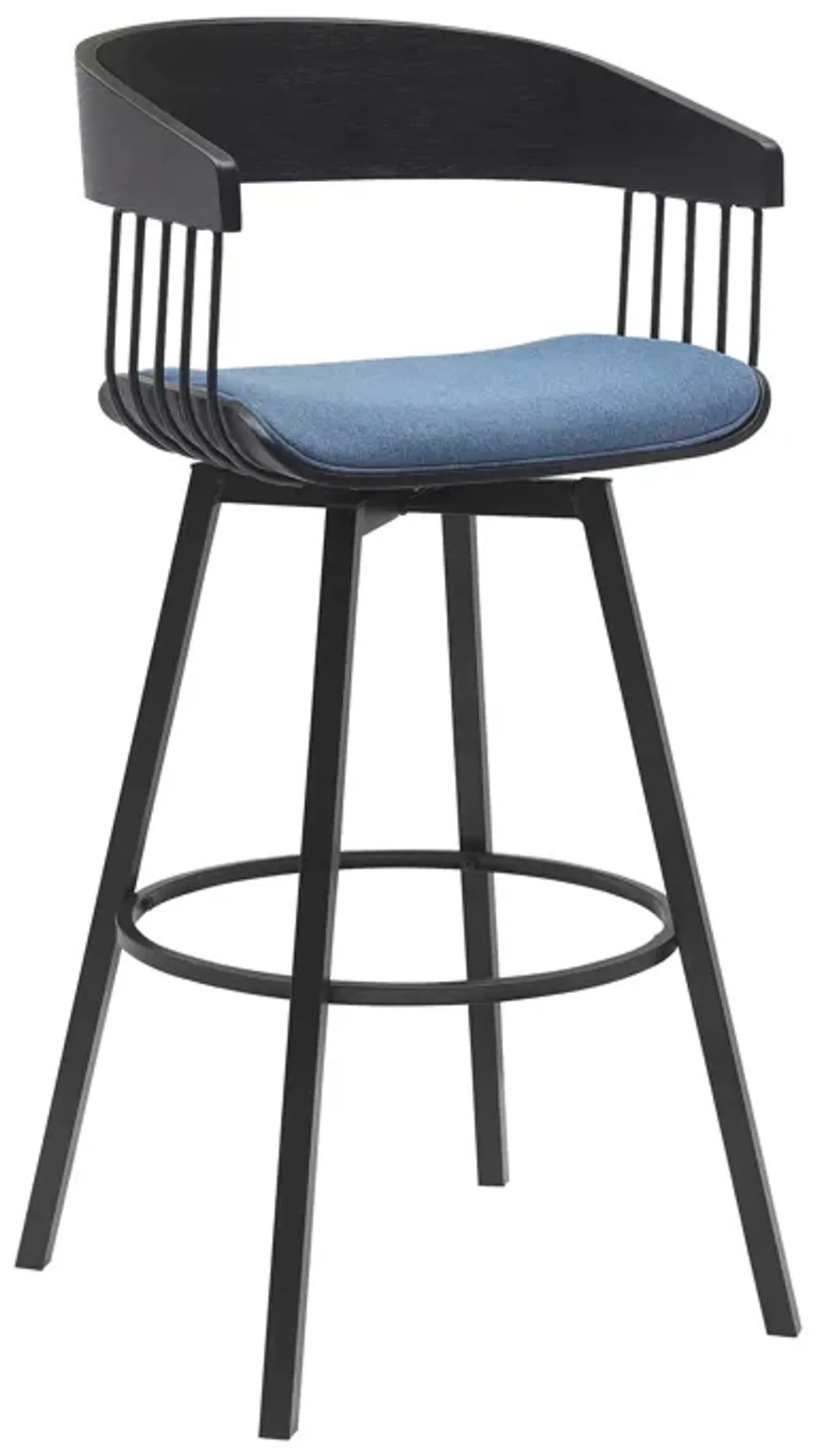 Athena 31" Swivel Black Wood Bar Stool in Blue Fabric with Black Metal