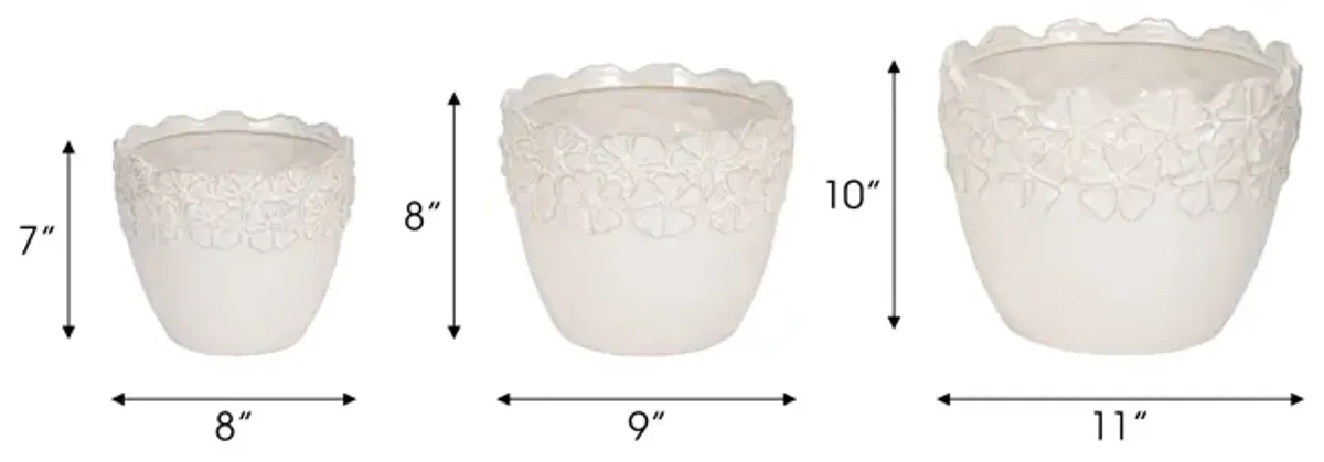 S/3 8/9/11" Floral Crown Planter, Ivory