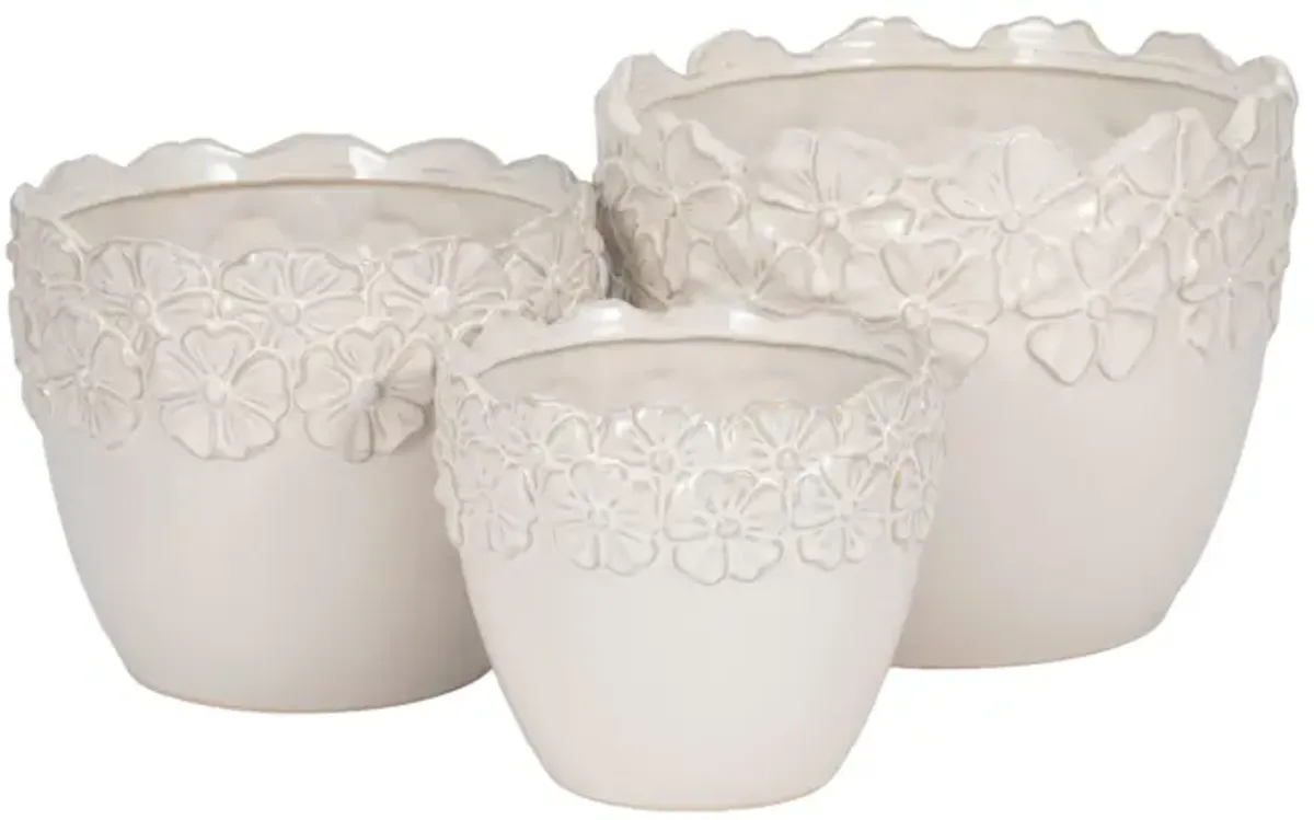 S/3 8/9/11" Floral Crown Planter, Ivory