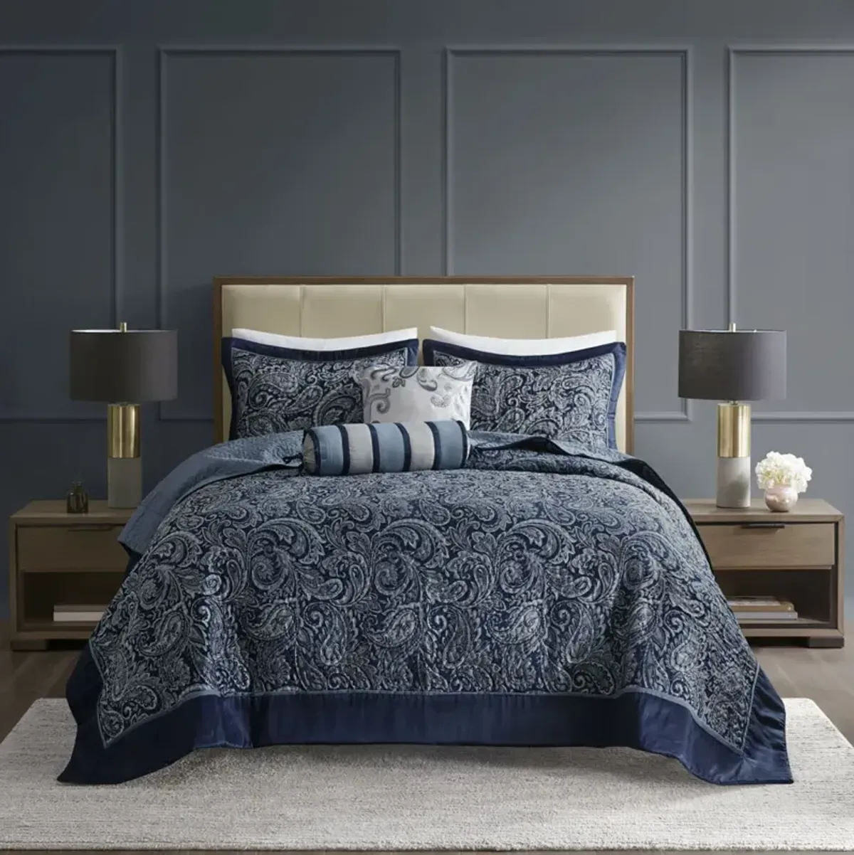 Madison Park Aubrey Navy 5 Piece Jacquard Bedspread Set with Throw Pillows