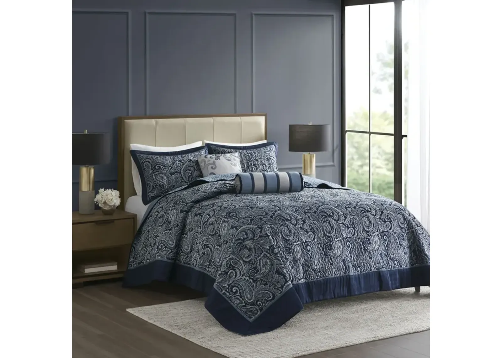 Madison Park Aubrey Navy 5 Piece Jacquard Bedspread Set with Throw Pillows