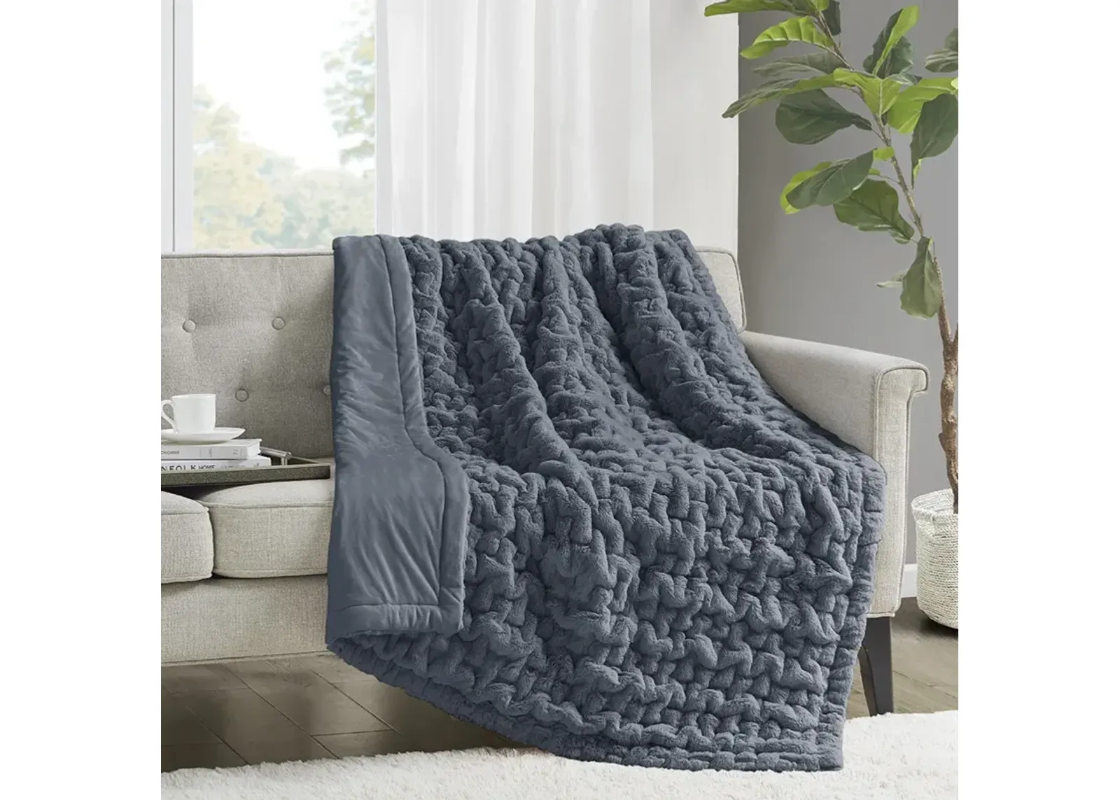 Madison Park Ruched Fur Slate Blue Throw