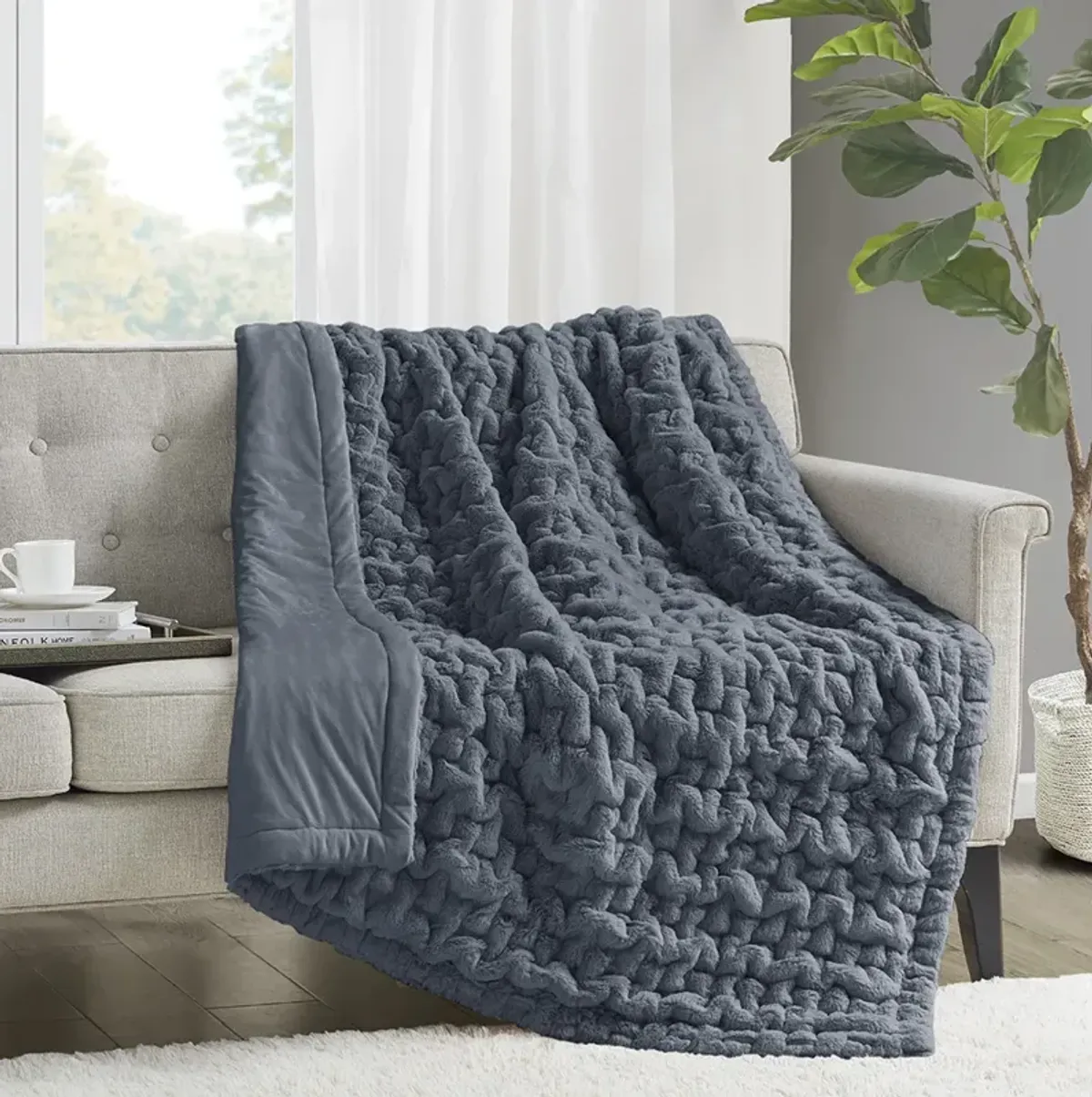 Madison Park Ruched Fur Slate Blue Throw