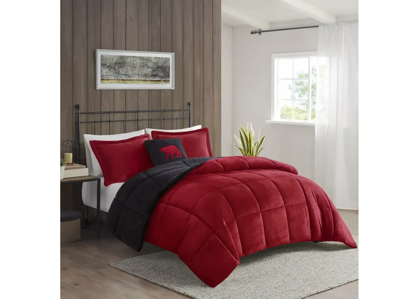 Woolrich Alton Red/Black Plush to Sherpa Down Alternative Comforter Set