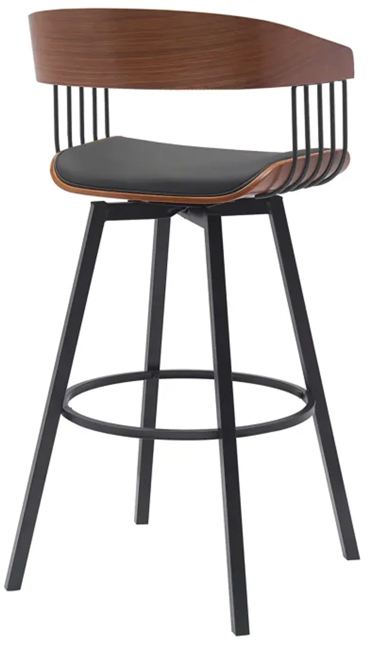 Athena 31" Swivel Walnut Wood Bar Stool in Black Faux Leather with Black Metal