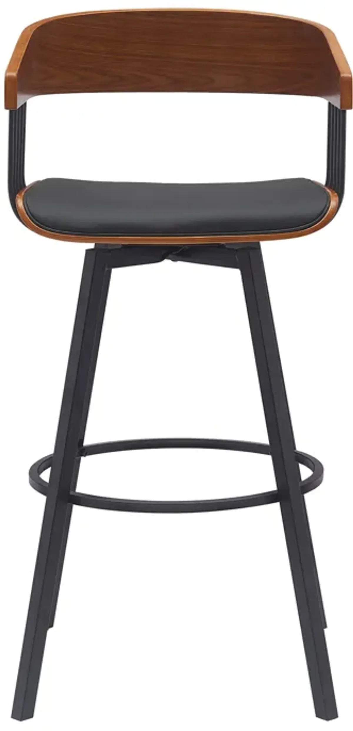 Athena 31" Swivel Walnut Wood Bar Stool in Black Faux Leather with Black Metal