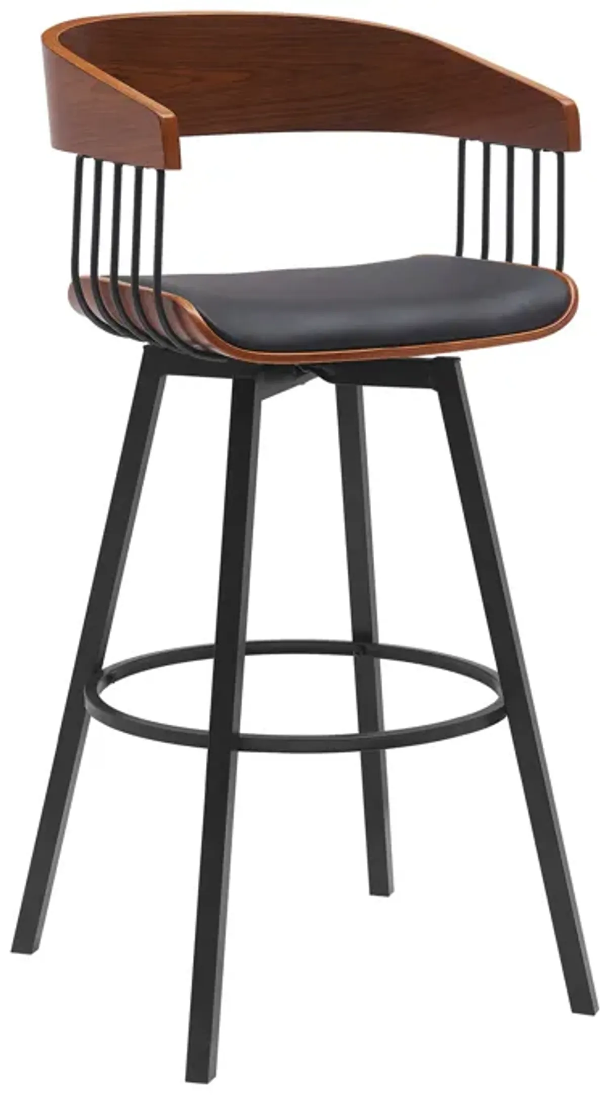 Athena 31" Swivel Walnut Wood Bar Stool in Black Faux Leather with Black Metal