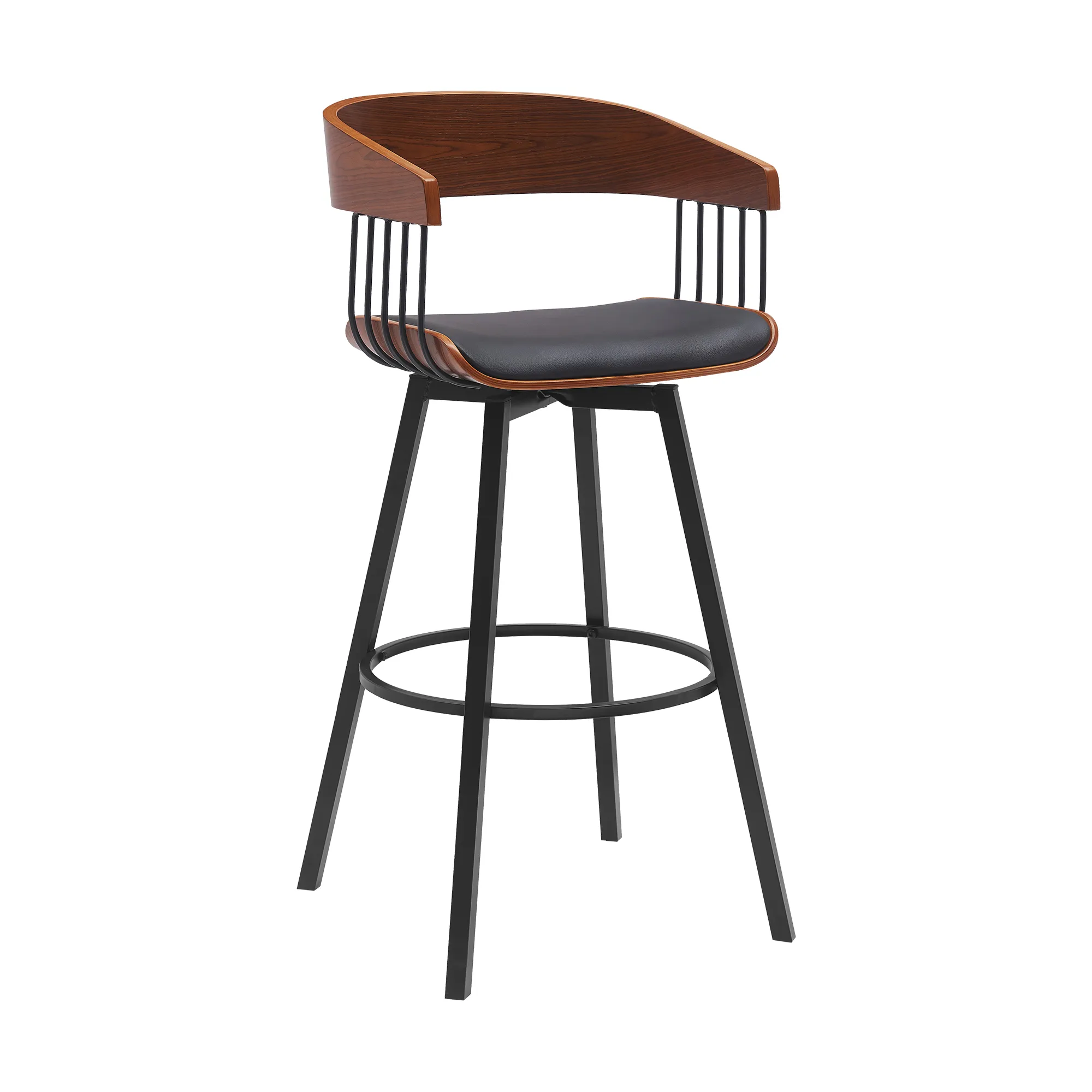 Athena 31" Swivel Walnut Wood Bar Stool in Black Faux Leather with Black Metal