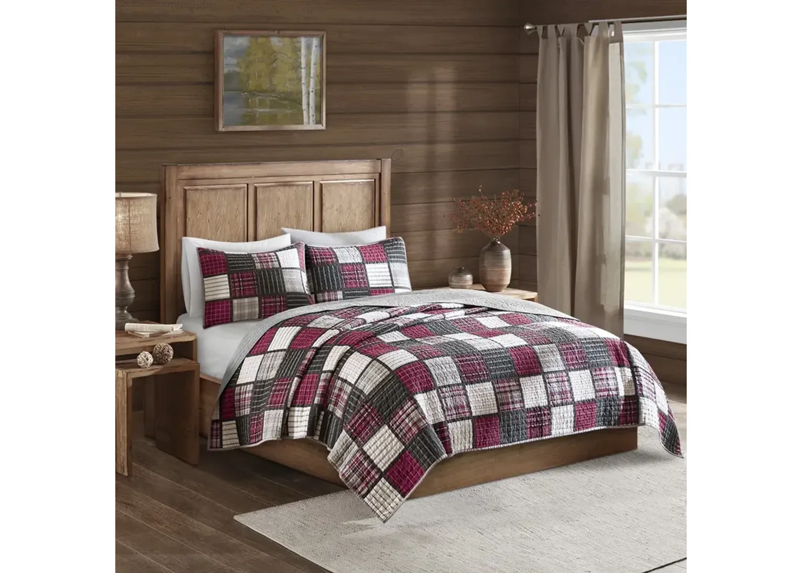 Woolrich Tulsa Red/Grey Oversized Plaid Print Cotton Quilt Set