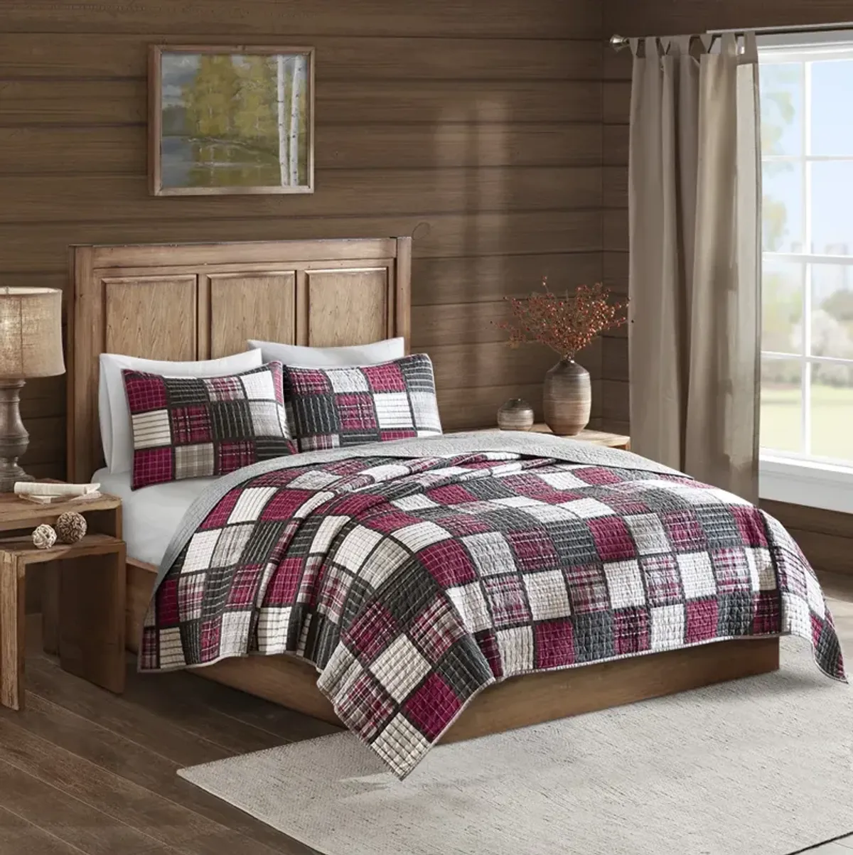 Woolrich Tulsa Red/Grey Oversized Plaid Print Cotton Quilt Set