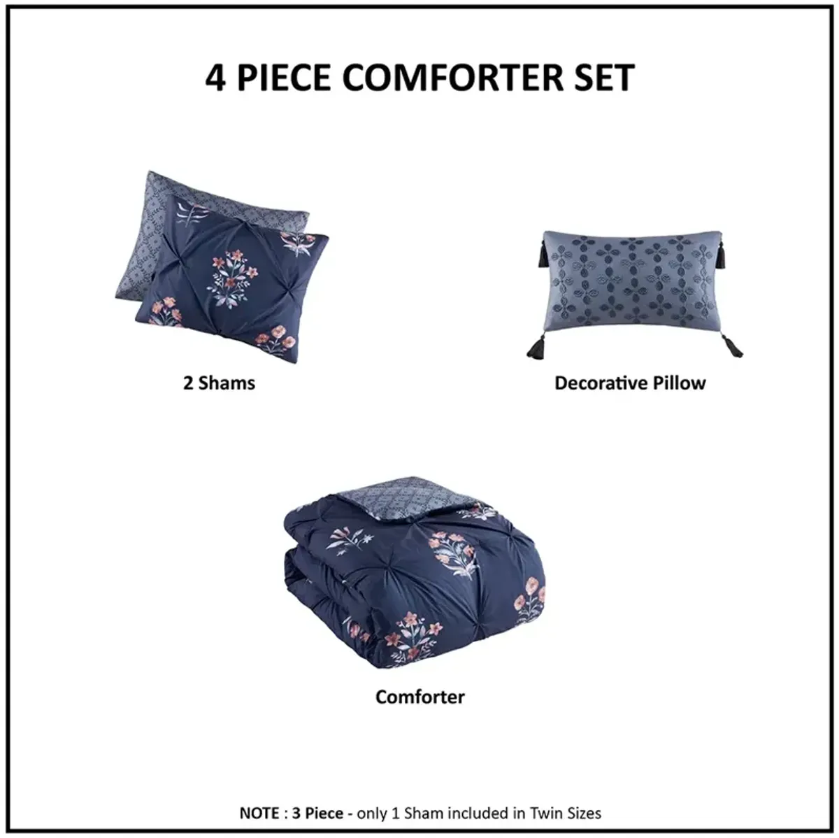 4 Piece Pintuck Comforter Set with Throw Pillow