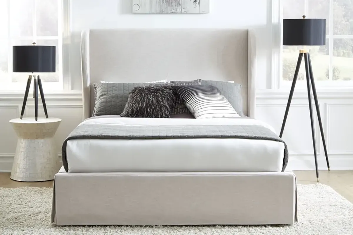 Hera King-Size Upholstered Skirted Panel Bed in Oatmeal