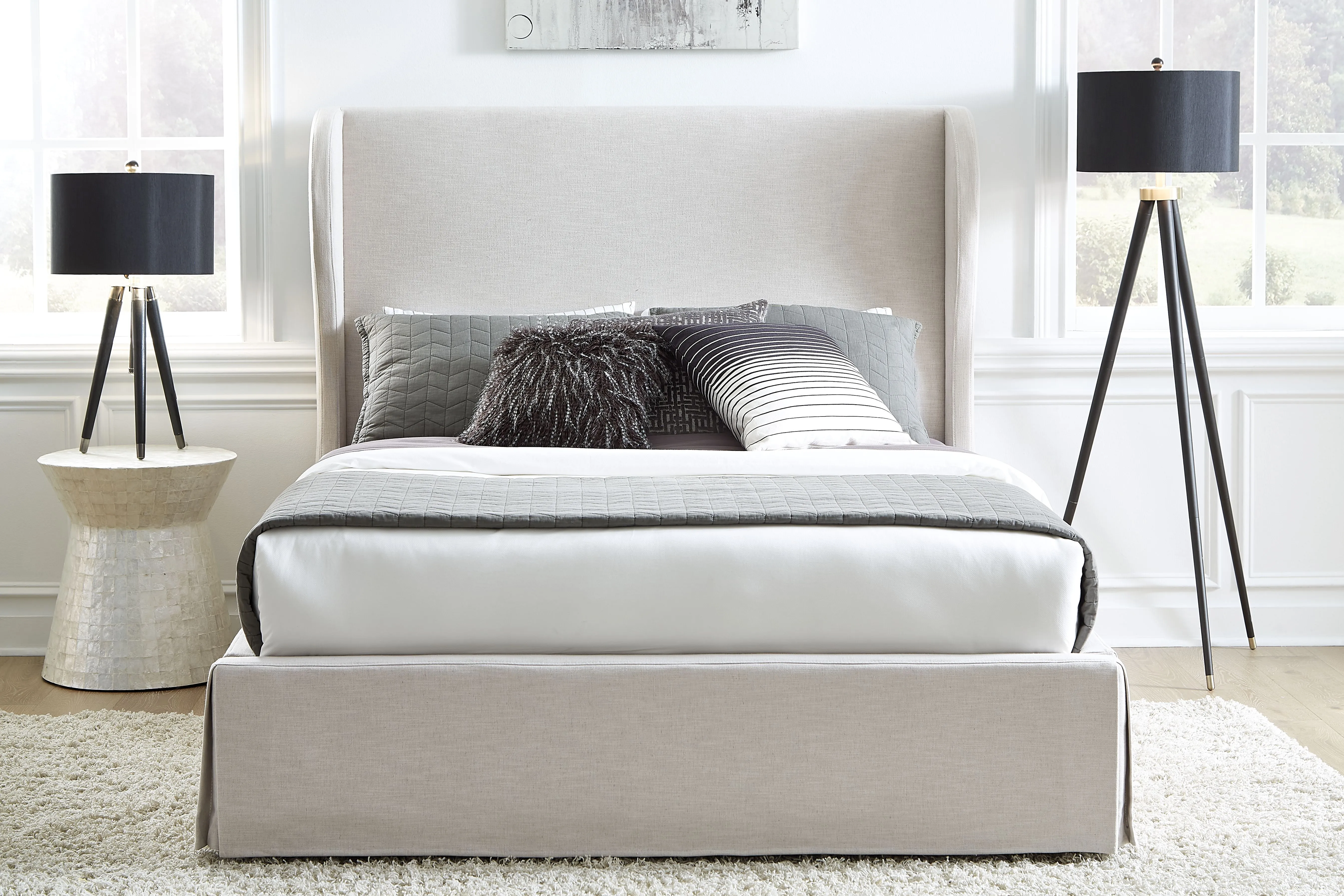 Hera King-Size Upholstered Skirted Panel Bed in Oatmeal