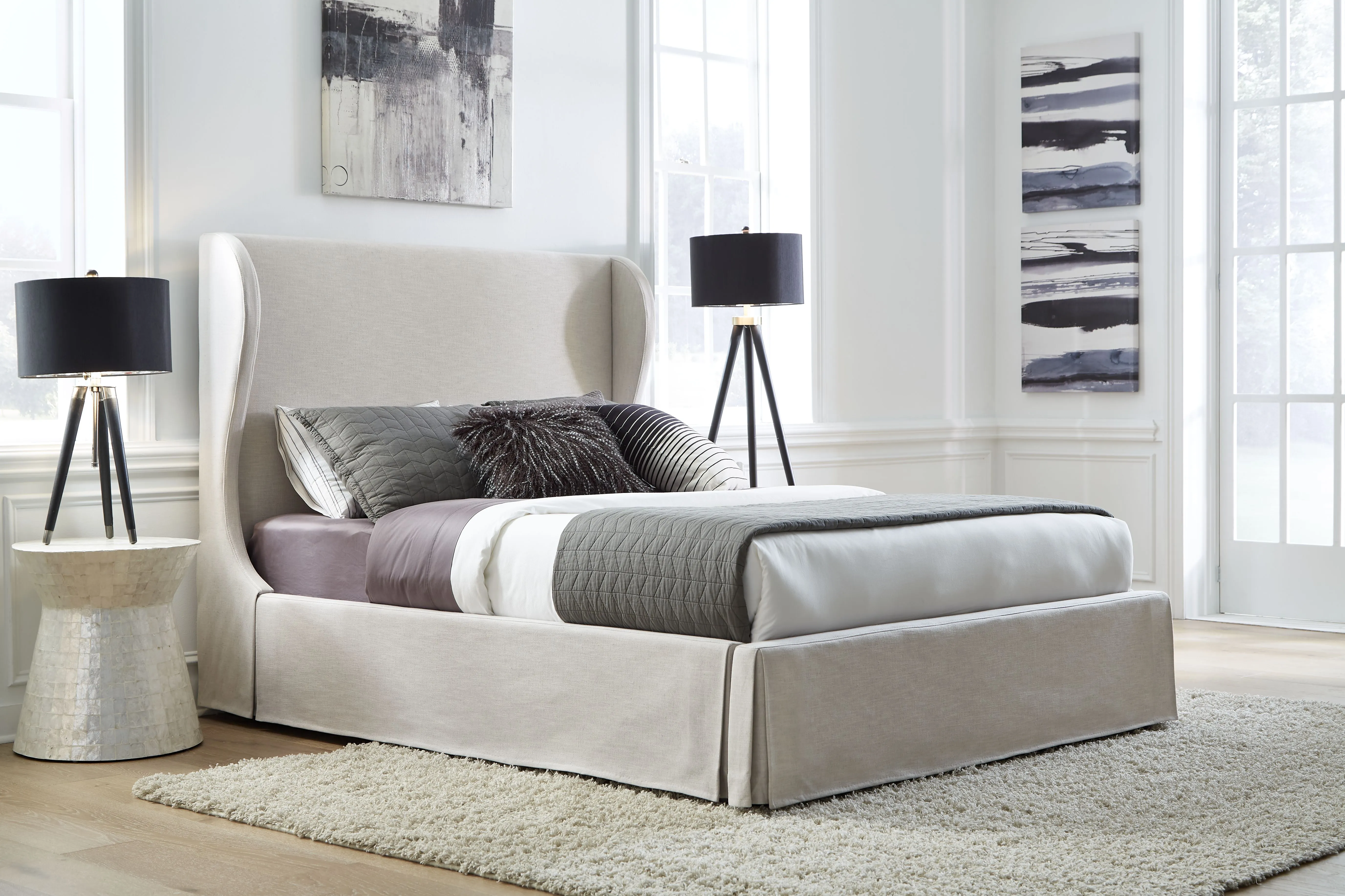 Hera King-Size Upholstered Skirted Panel Bed in Oatmeal