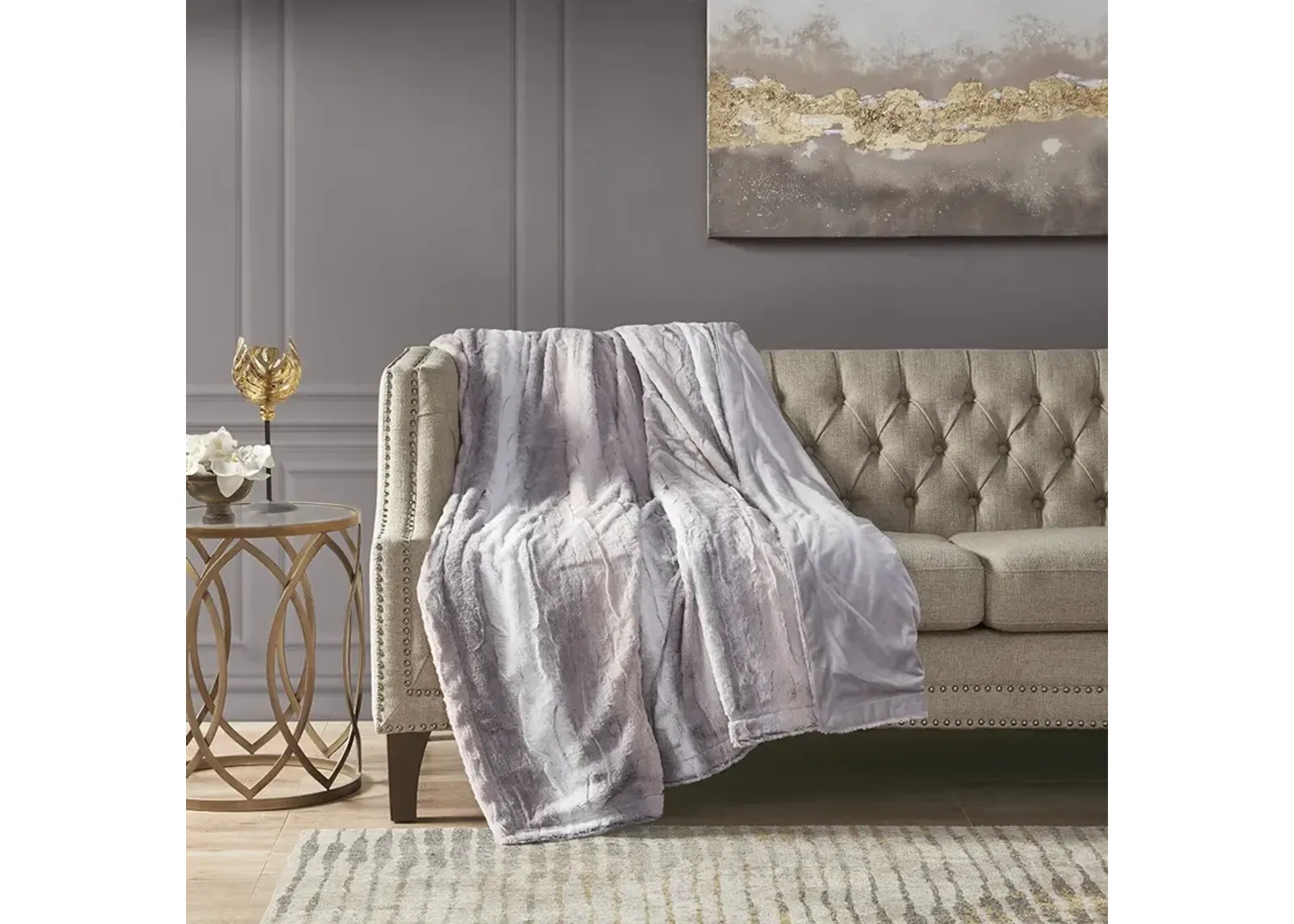 Madison Park Zuri Blush/Grey Oversized Faux Fur Throw