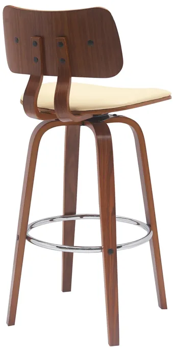 Pico 30" Swivel Walnut Wood Bar Stool in Cream Faux Leather with Chrome