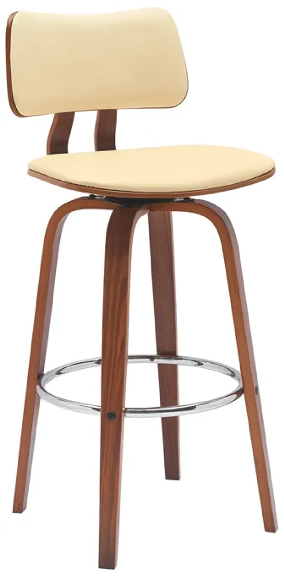 Pico 30" Swivel Walnut Wood Bar Stool in Cream Faux Leather with Chrome