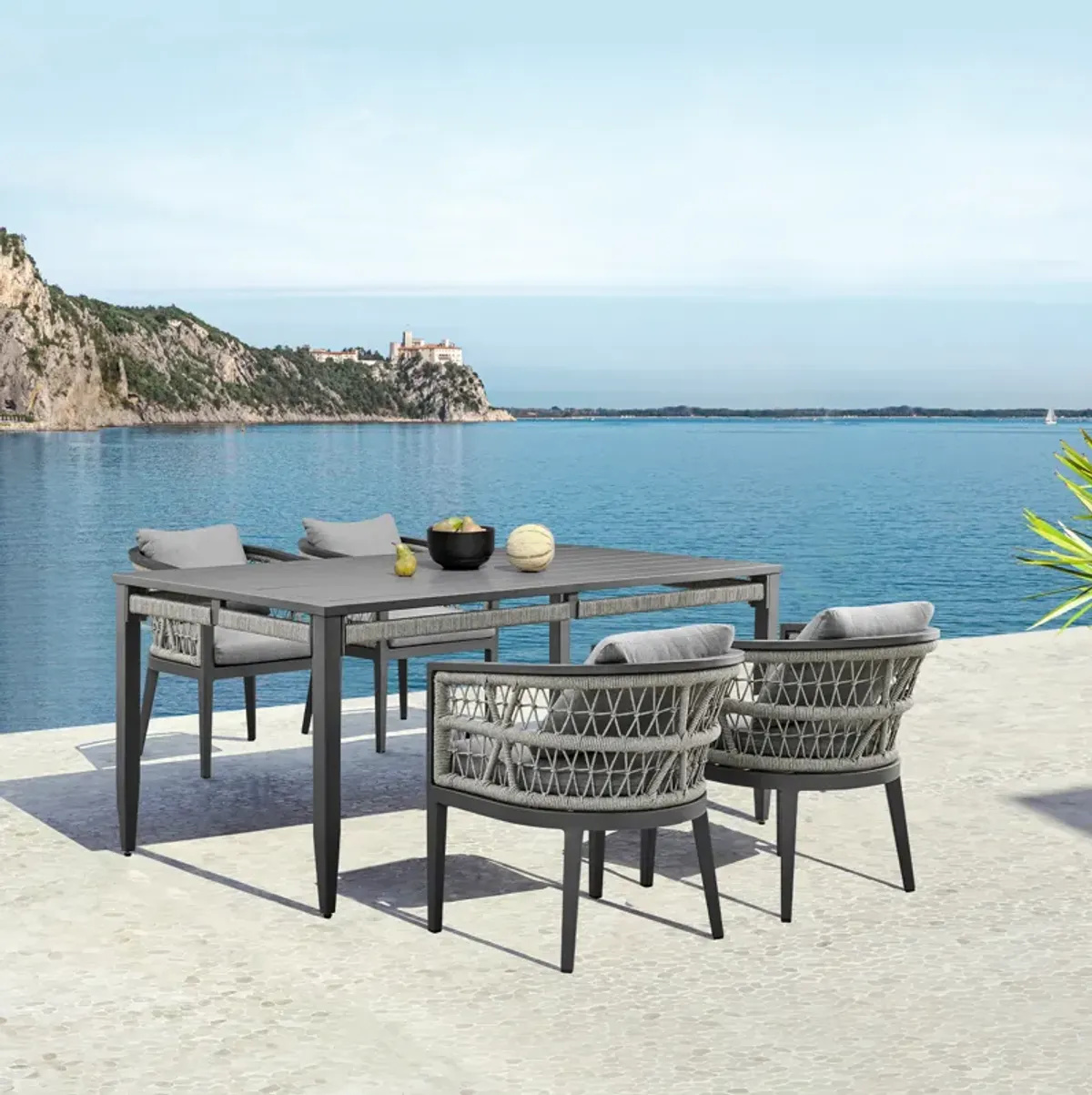 Zella Outdoor Patio 5 Piece Dining Set in Aluminum with Light Gray Rope and Cushions