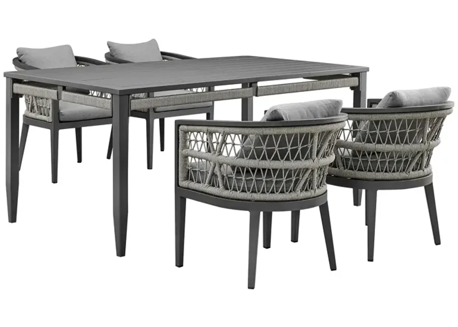 Zella Outdoor Patio 5 Piece Dining Set in Aluminum with Light Gray Rope and Cushions