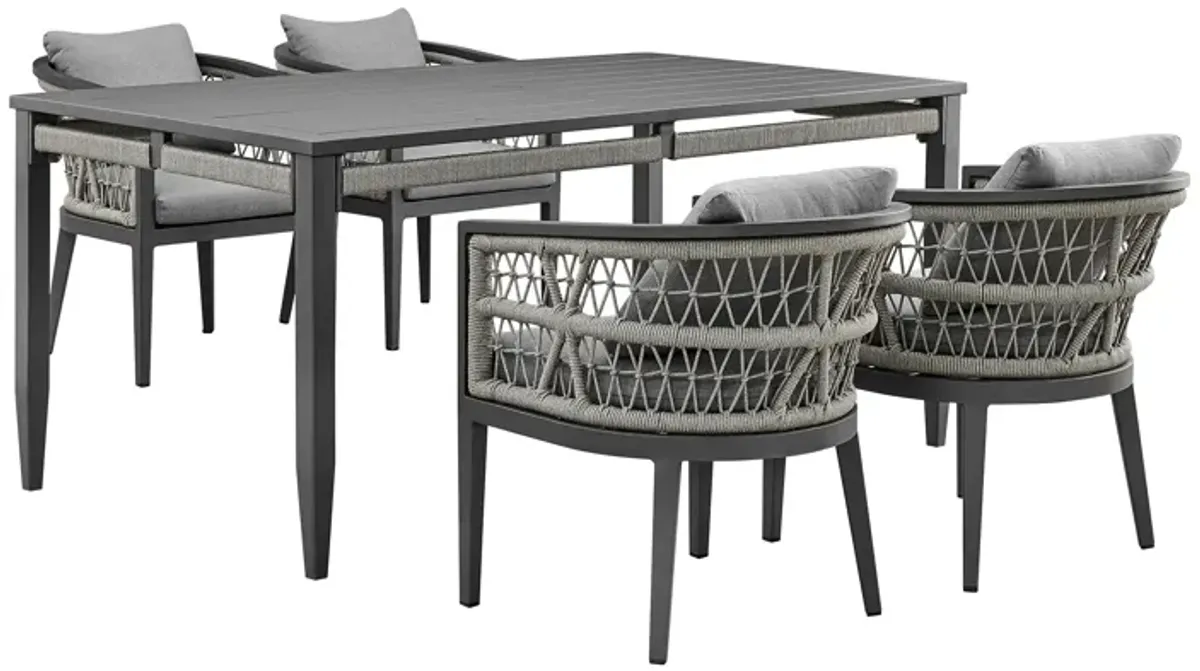 Zella Outdoor Patio 5 Piece Dining Set in Aluminum with Light Gray Rope and Cushions