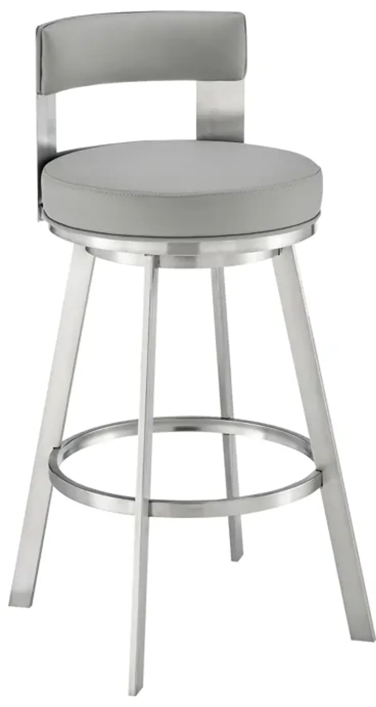 Lynof Swivel Counter Stool in Brushed Stainless Steel with Light Gray Faux Leather