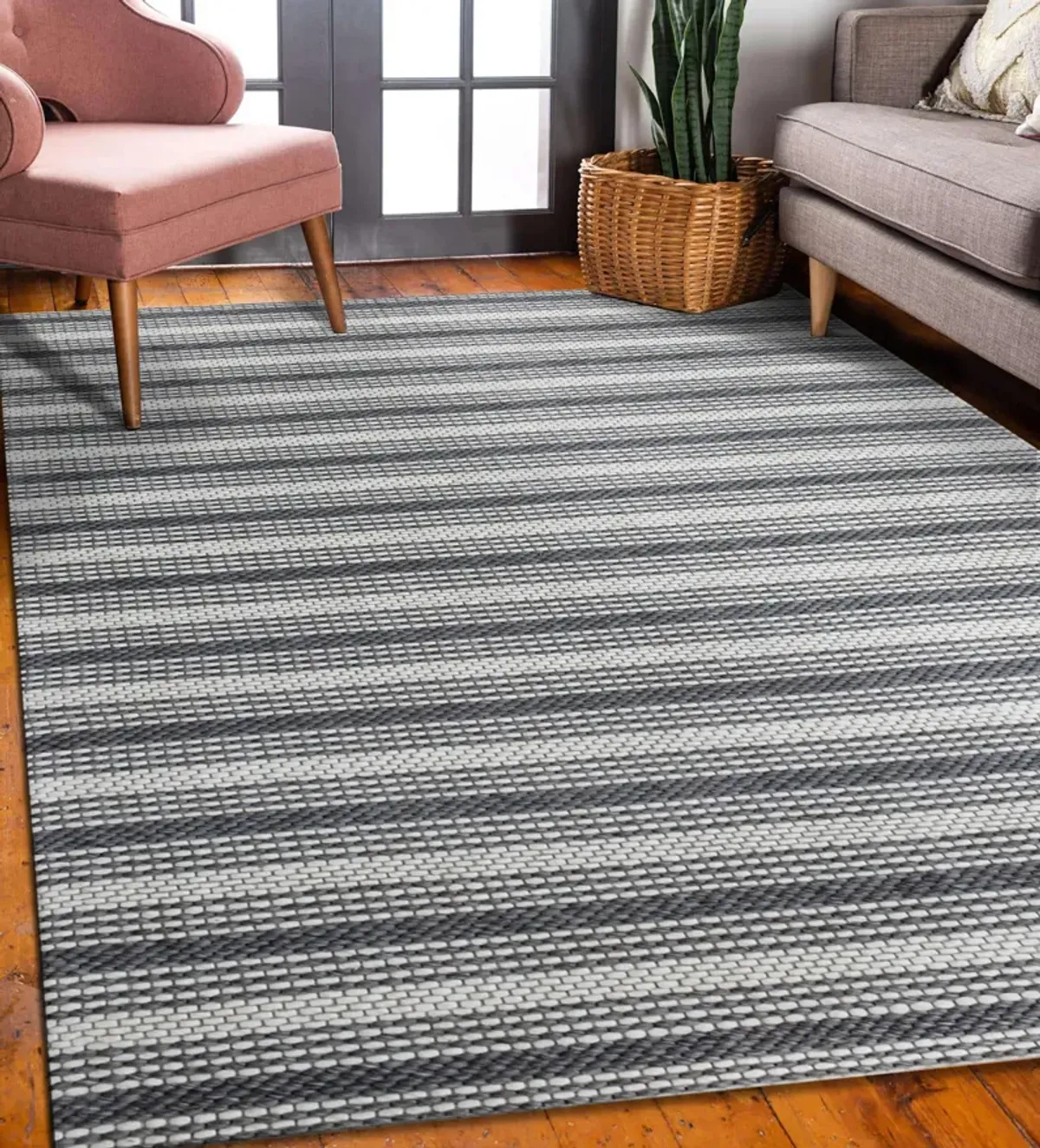 Bigen Dan Dark Gray/Ivory Transitional Striped Organic Wool Indoor Area Rug, 9' x 12'