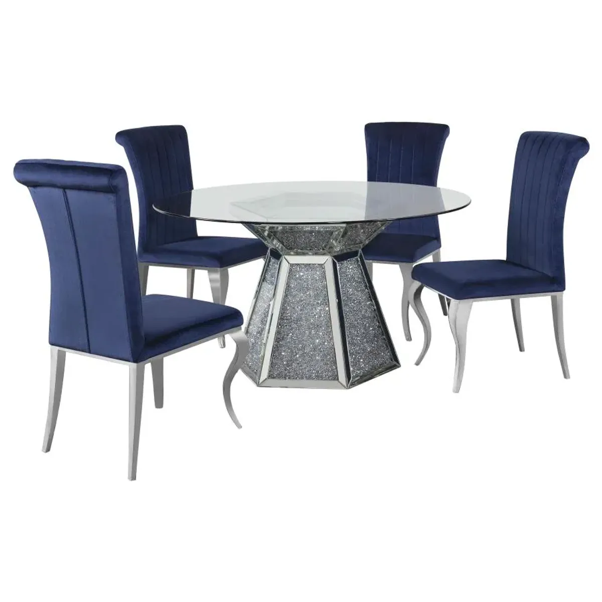 Quinn 5-piece Hexagon Pedestal Dining Room Set Mirror and Ink Blue