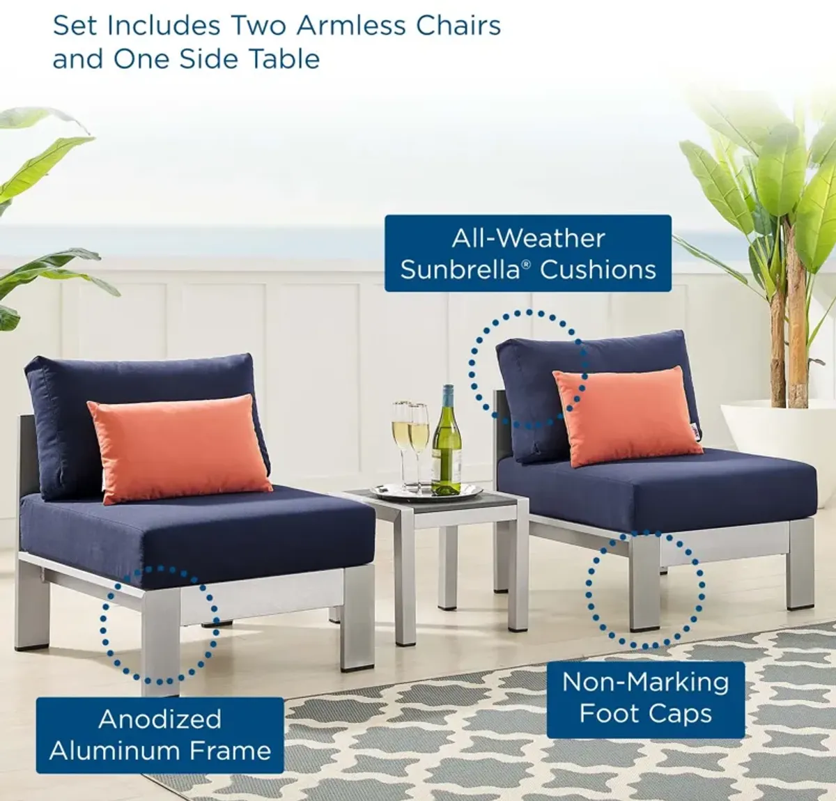 Shore Sunbrella® Fabric Outdoor Patio Aluminum 3 Piece Set