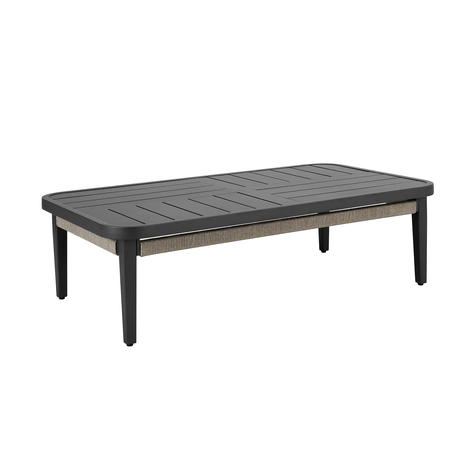 Zella Rectangular Coffee Table in Aluminum with Charcoal Finish and Light Gray Rope