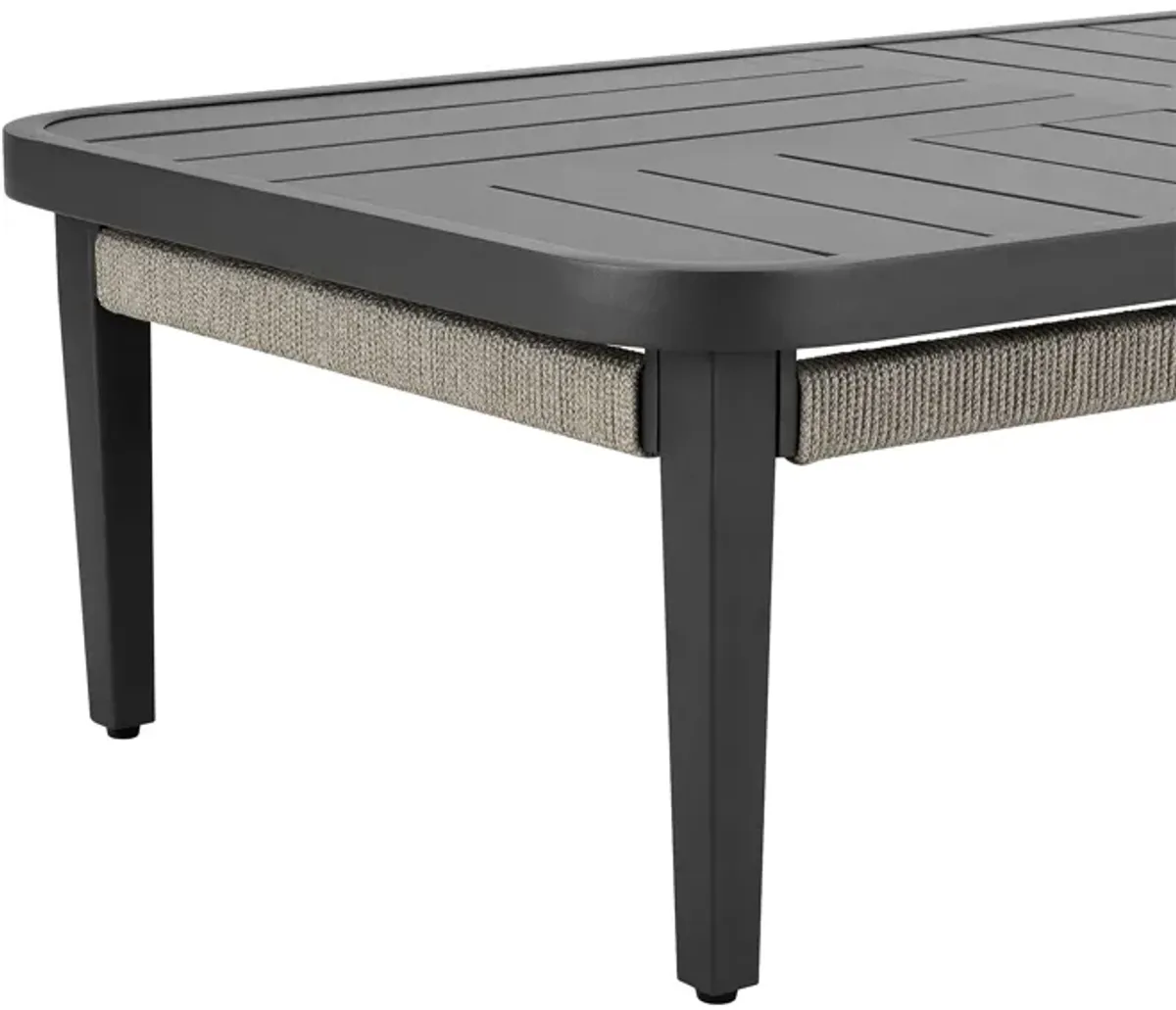 Zella Rectangular Coffee Table in Aluminum with Charcoal Finish and Light Gray Rope