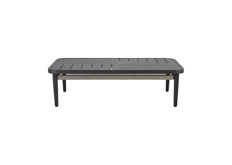 Zella Rectangular Coffee Table in Aluminum with Charcoal Finish and Light Gray Rope