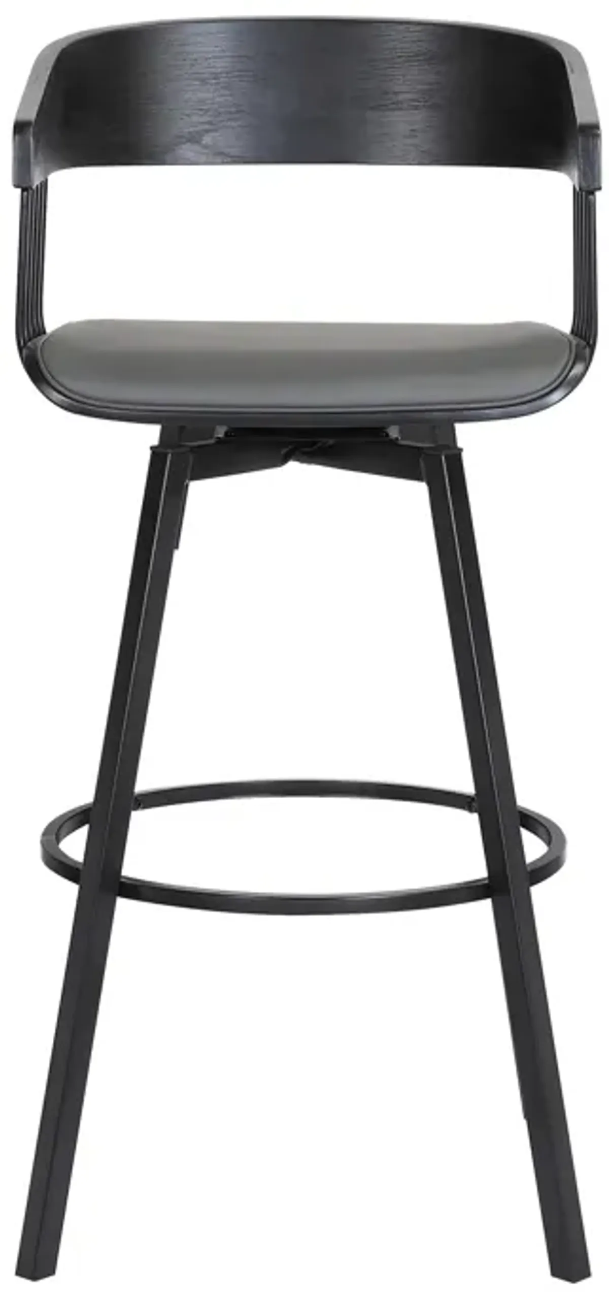 Athena 27" Swivel Black Wood Counter Stool in Gray Faux Leather with Black Metal