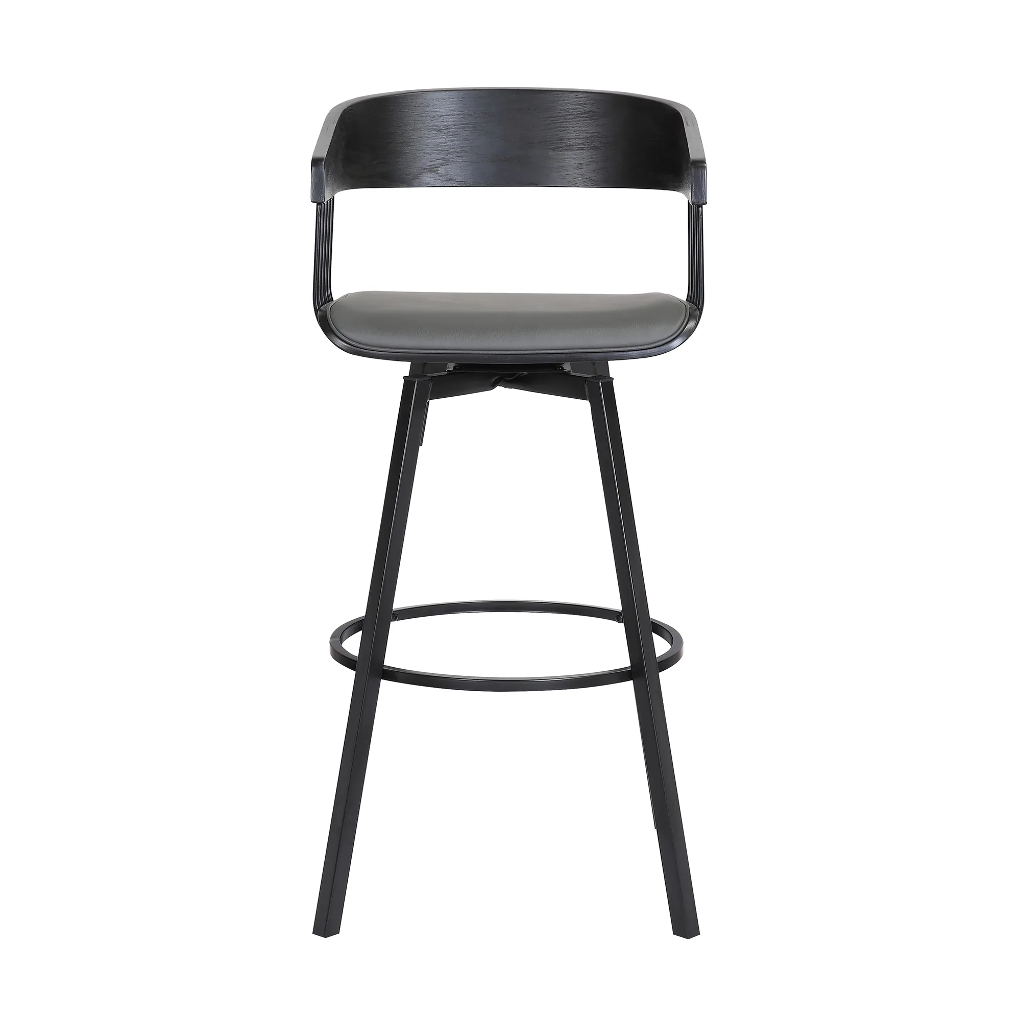 Athena 27" Swivel Black Wood Counter Stool in Gray Faux Leather with Black Metal