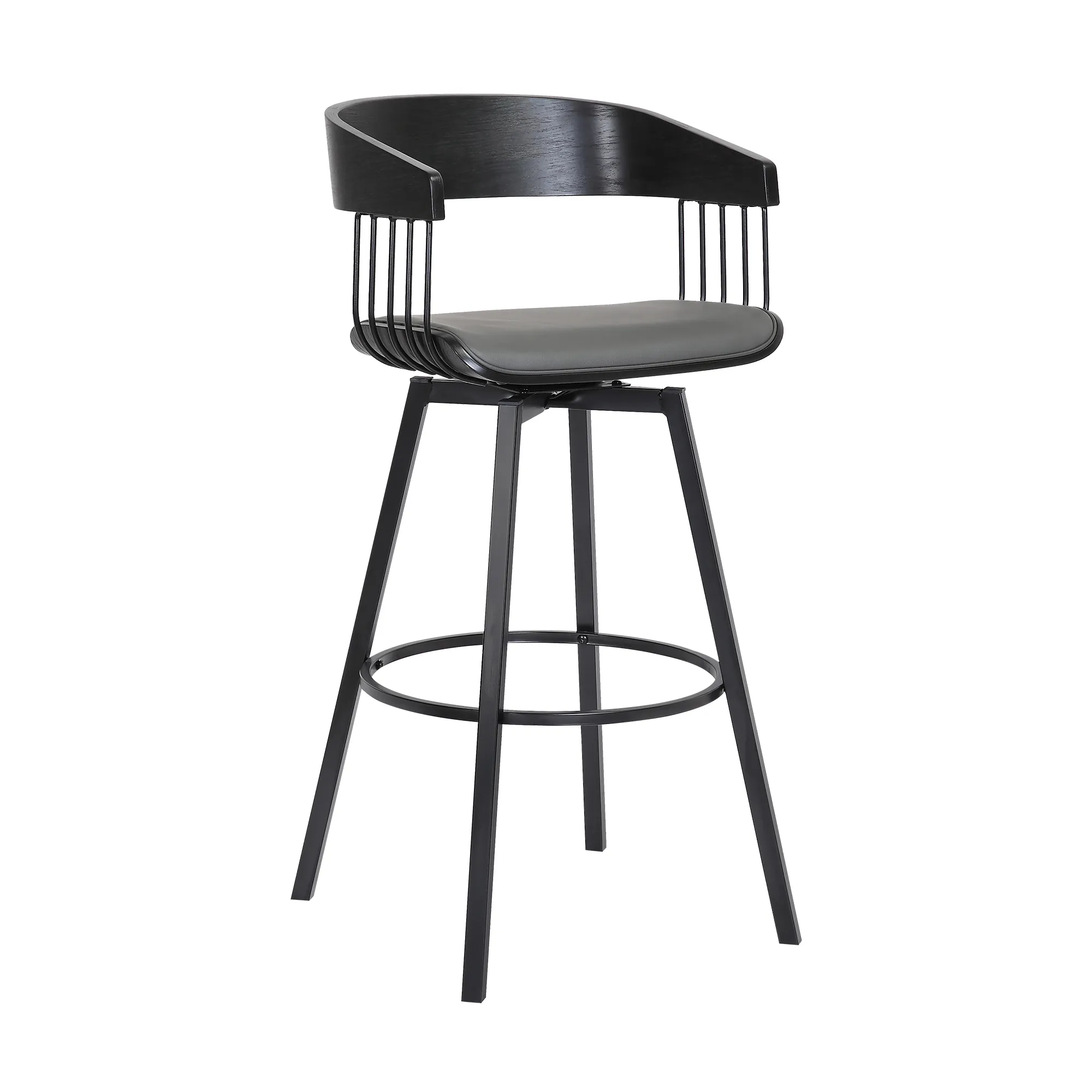 Athena 27" Swivel Black Wood Counter Stool in Gray Faux Leather with Black Metal