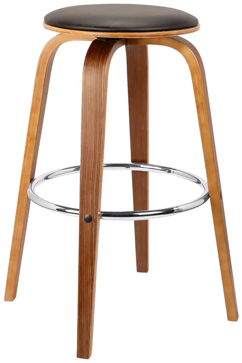 Harbor 30" Bar Height Backless Swivel Brown Faux Leather and Walnut Wood Mid-Century Modern Bar Stool