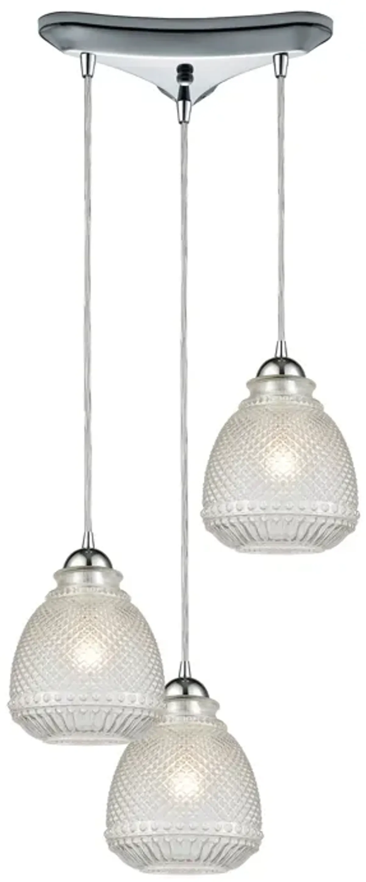 Victoriana 3-Light Triangular Pendant Fixture in Polished Chrome with Clear Crosshatched Glass