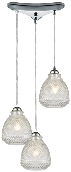 Victoriana 3-Light Triangular Pendant Fixture in Polished Chrome with Clear Crosshatched Glass