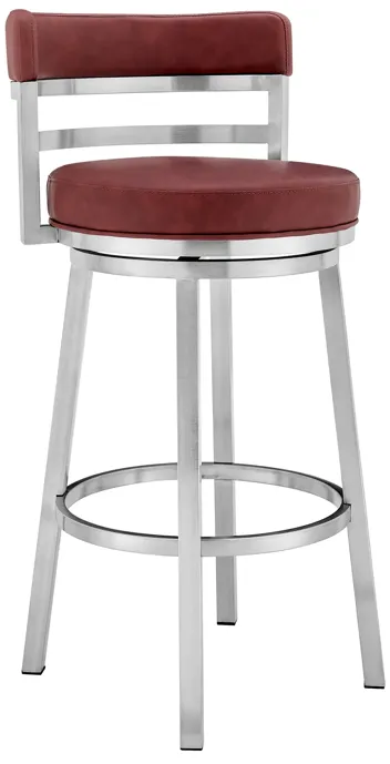 Madrid 26" Counter Height Swivel Red Faux Leather and Brushed Stainless Steel Bar Stool