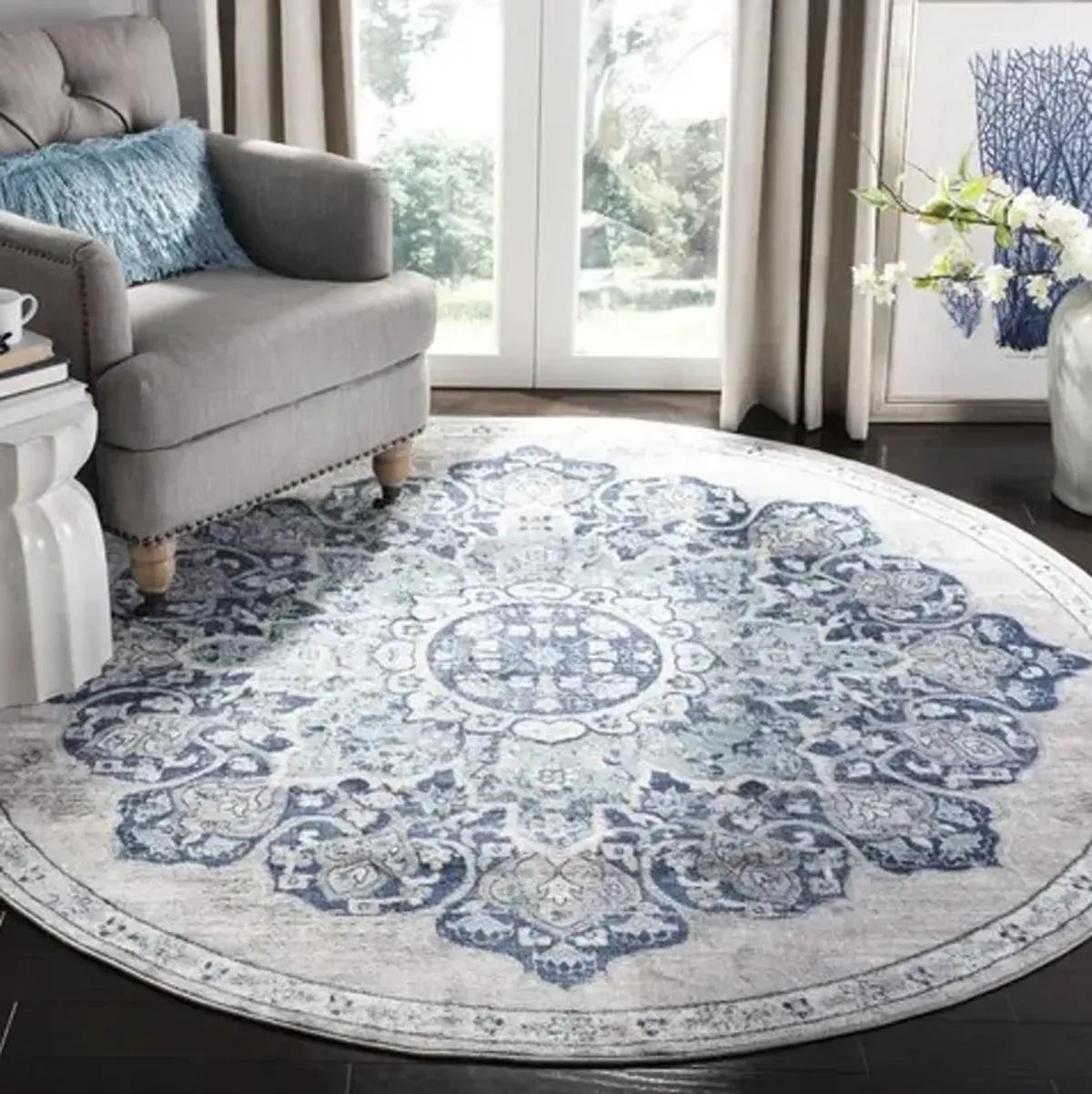 Brentwood 849 Navy / Light Grey 9' X 9' Round Round Powerloomed Rug