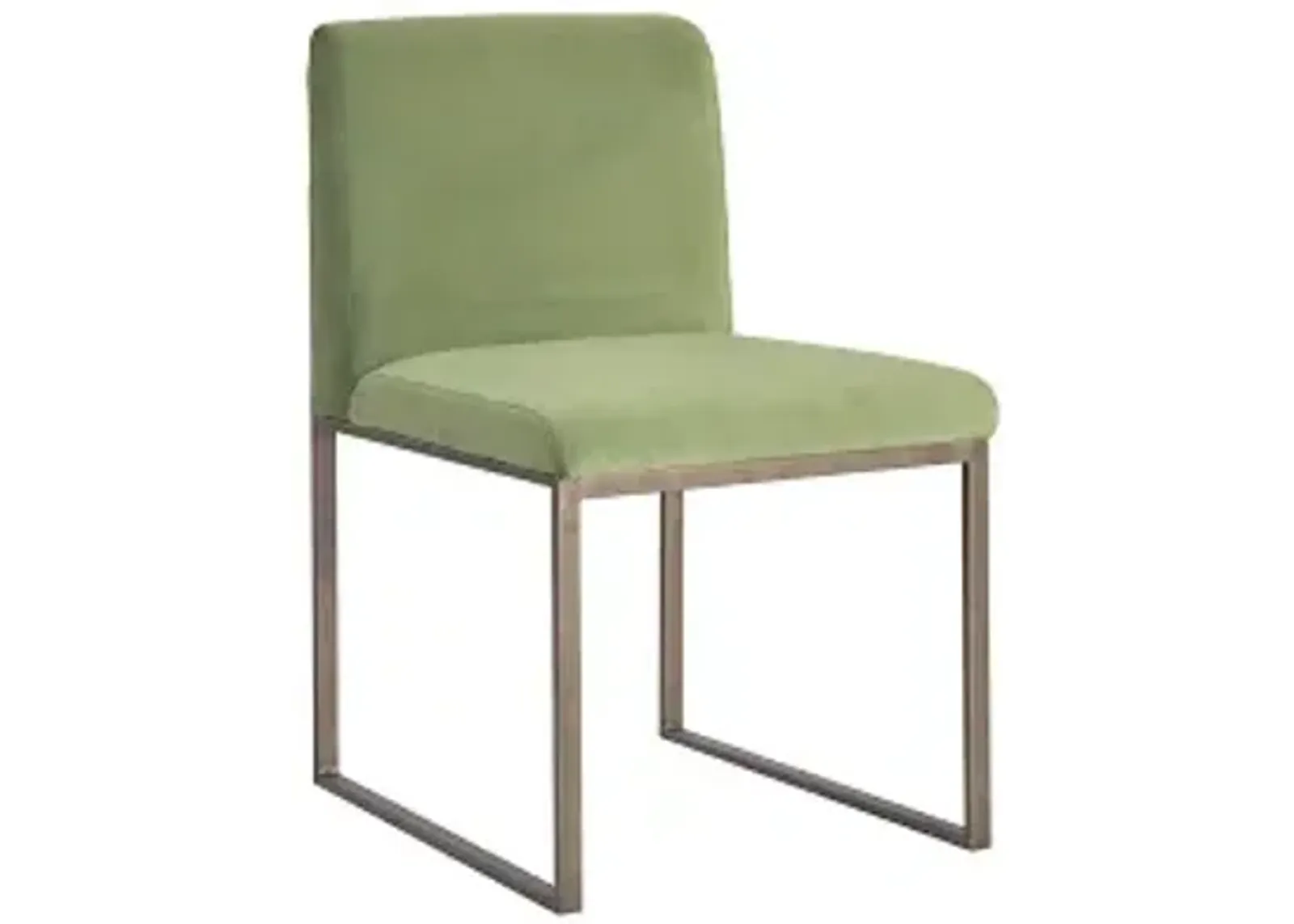 frozen dining chair, green velvet fabric, industrial brass metal frame