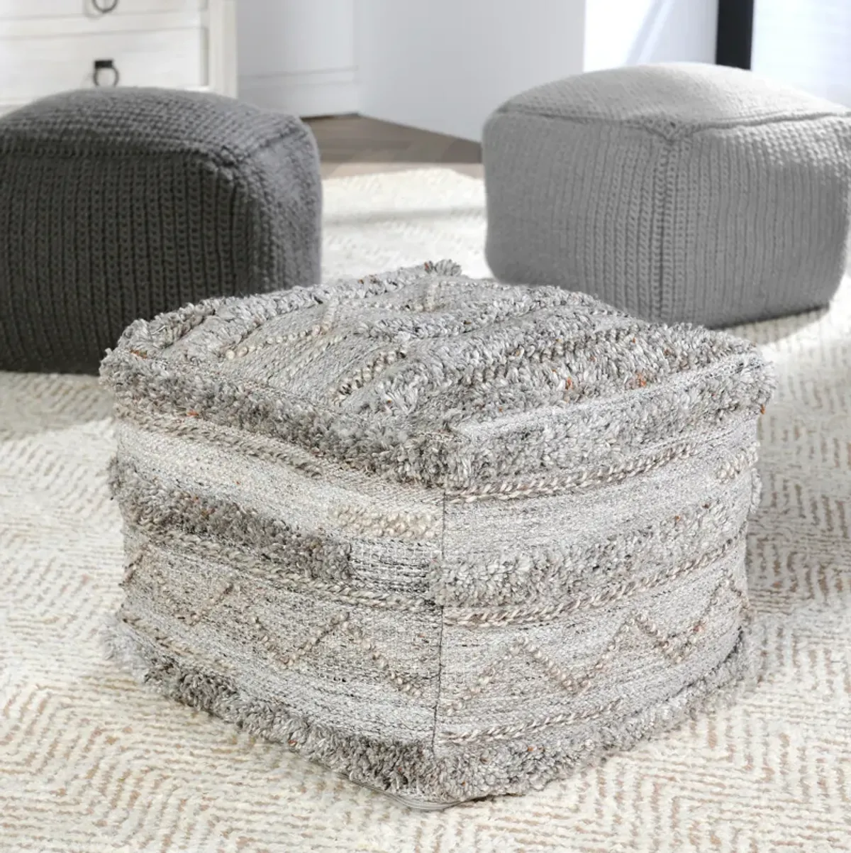 Fallon 18" Recycled Fabric Indoor Outdoor Pouf, Gray