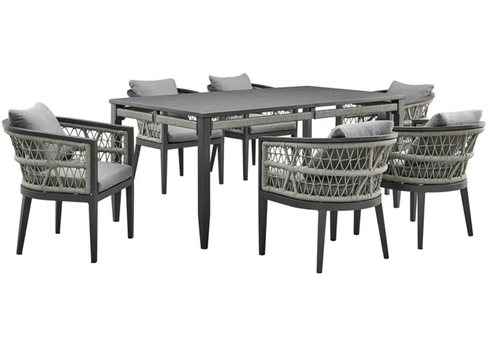 Zella Outdoor Patio 7 Piece Dining Set in Aluminum with Light Gray Rope and Cushions