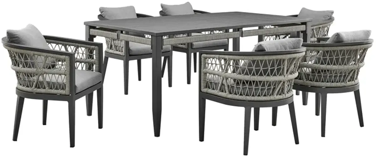 Zella Outdoor Patio 7 Piece Dining Set in Aluminum with Light Gray Rope and Cushions