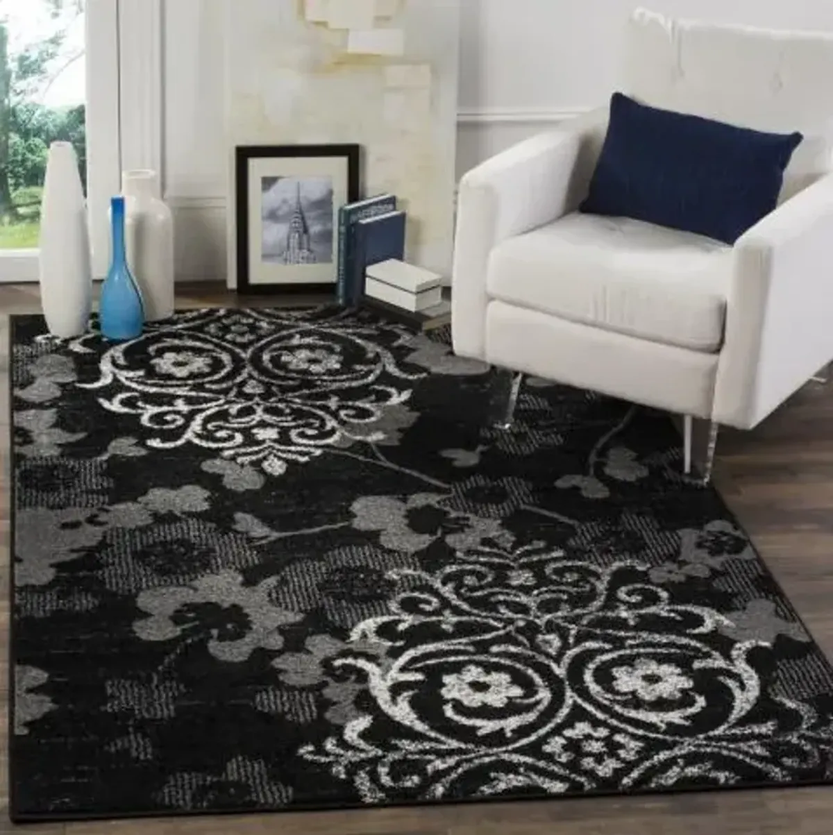 Adirondack Contemporary Black / Silver 2'-6" X 12' Powerloomed Rug