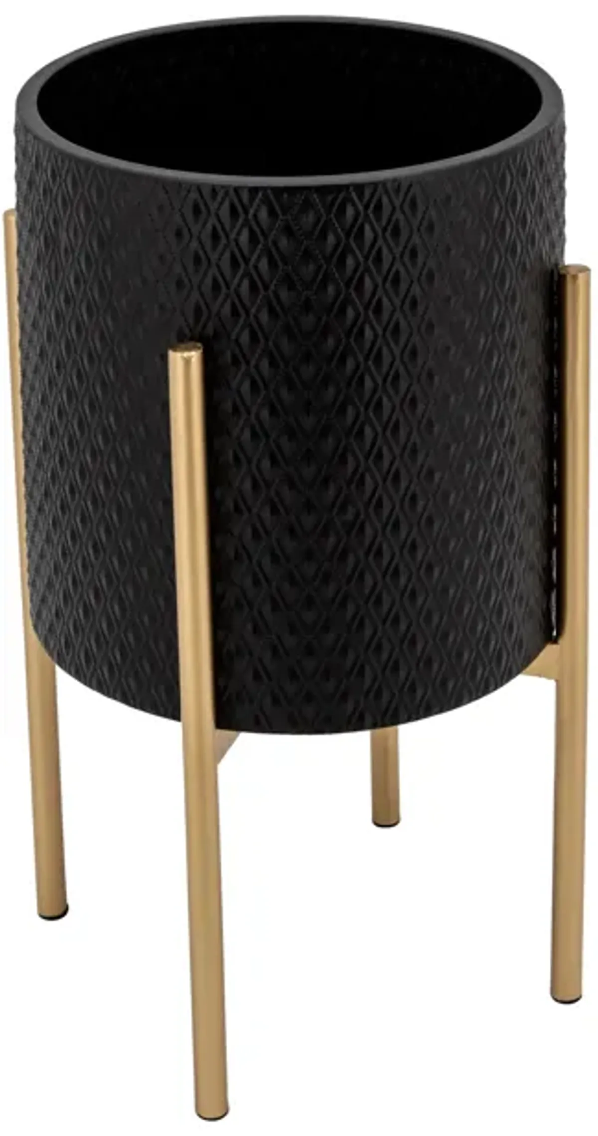 S/2 Textured Planter On Metalstand, Black/gld