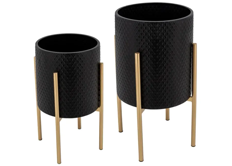 S/2 Textured Planter On Metalstand, Black/gld